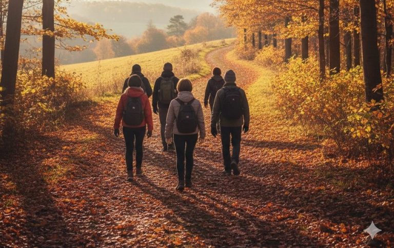 Grupo de personas caminando por un sendero en un bosque de otoño. Otoñada Valle del Jerte